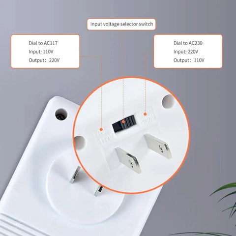 Close-up of dial settings on Travel Ready 70W Voltage Converter From 110V Or 120V To 220V Or 240V, highlighting voltage options.