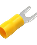 Yellow insulated fork spade wire connector, heavy duty electrical crimp terminal SV5.5 4 12 10 AWG, copper, screw size eight, 48 amp