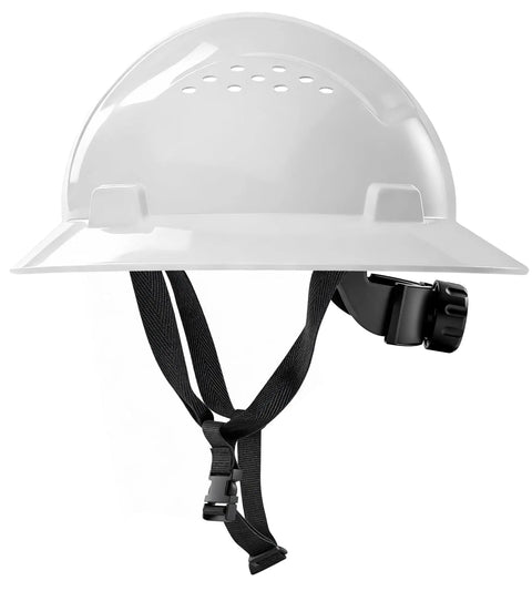 White Full Brim Hard Hat With 4 Point Adjustable Suspension OSHA Approved with chin strap visible