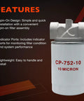 Heavy Duty Hydraulic Oil Filter Assembly 10 Micron For Petroleum Fluids Three Quarters Inch NPT Return Line Filter Housing 20 GPM Flow 200 PSI Max Easy Install Kit Model 221006 image showing spin-on design and indicator ports.