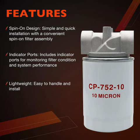 Heavy Duty Hydraulic Oil Filter Assembly 10 Micron For Petroleum Fluids Three Quarters Inch NPT Return Line Filter Housing 20 GPM Flow 200 PSI Max Easy Install Kit Model 221006 image showing spin-on design and indicator ports.
