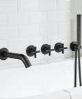 Wall Mount Bathtub Faucet Set With Handheld Shower Wand And Spout, Matte Black Tub Filler With 3 Handle Trim installed over tub