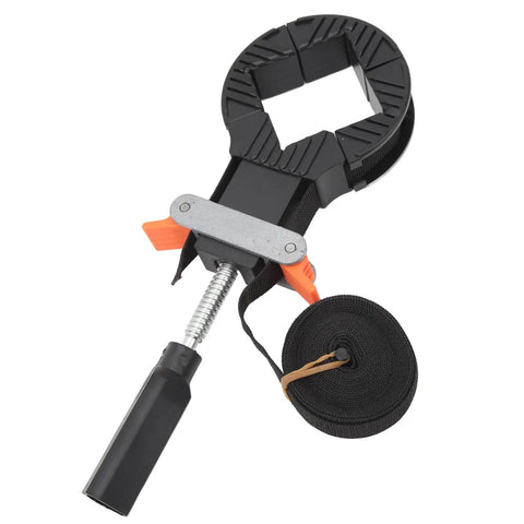 Heavy Duty Adjustable Frame Strap Clamp With No Sweat Handle Tensioner And Tough Four Meter Nylon Webbing for securing wood pieces.