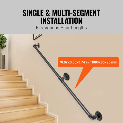 Rock Solid Six Foot Carbon Steel Staircase Handrail With Heavy Duty Wall Mounts Job Site Grade Industrial Pipe Railing on staircase