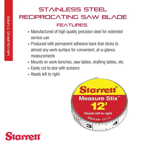 Tape Measure Stix With Sticky Backing For Quick On Surface Readings On Workbench Saw Table Or Drafting Table 1/2 Inch By 12 Foot Left Right Reading S1 Style English Metric shown with packaging and features