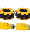 60mm mecanum wheel kit for robot car with TT motors, yellow and black rubber-coated wheels for omni-directional movement in robotics projects.