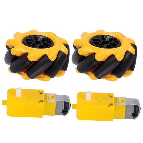60mm mecanum wheel kit for robot car with TT motors, yellow and black rubber-coated wheels for omni-directional movement in robotics projects.