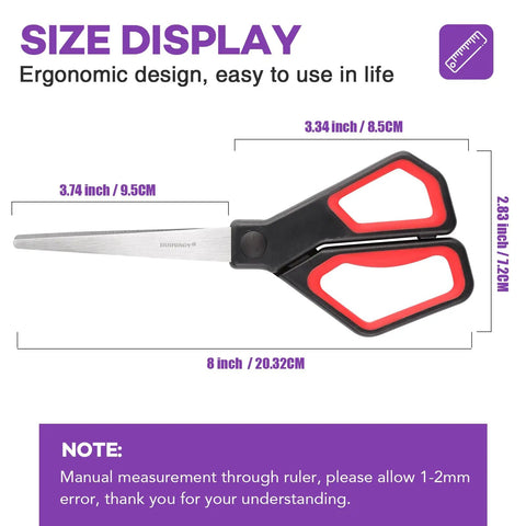 18 Pack 8 Inch All Purpose Heavy Duty Scissors For Office And School With Colorful Rubber Handles In Purple Green Yellow Orange Red Black Sharp Durable Blades For Precise Clean Cuts Great For Crafts Paperwork And Homework. Size display with 8-inch scissors