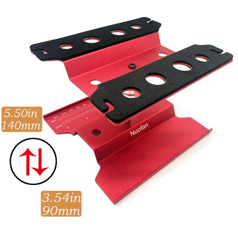 Aluminum RC Car Repair Stand With 360 Degree Rotation, Pro Grade Build, red adjustable height, screw tray visible