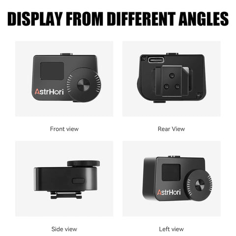 Light Meter With OLED Display And Cold Shoe Mount For Cameras Dial In ISO Aperture And Shutter Speed Ultra Lightweight Bronze Plate At 59g Fits Vintage Leicas And Rangefinder Film Cameras Great For Analog Shoots. Front, rear, side, and left views.
