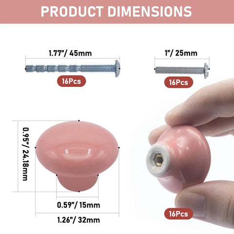 Upgrade Your Cabinets With This Sweet Set Of Sixteen Coral Pink Ceramic Cabinet Knobs Featuring Smooth Round Profiles No Sweat Installation And Top Shelf Hardware, showing dimensions and hardware.