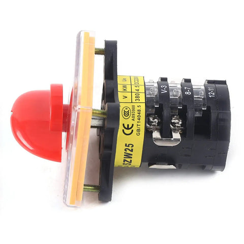 Side view of three-phase milling machine speed control switch with forward and reverse, metal/plastic, silver alloy contacts, 64x64x42 mm