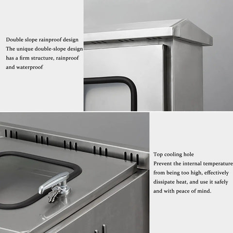 Stainless Steel Outdoor Weatherproof Electrical Junction Box With Mounting Panel And Hinged Cover showing double-slope rainproof design.
