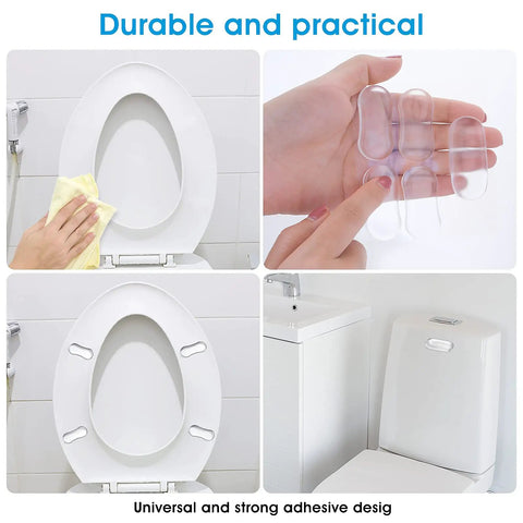 20 Piece Silicone Toilet Seat Bumper Kit with strong adhesive in use, clear lid bumpers attached to toilet seat
