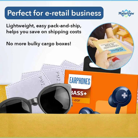 Images of products including sunglasses, earphones, and a hand holding a padded envelope labeled for shipping, perfect for e-retail businesses.