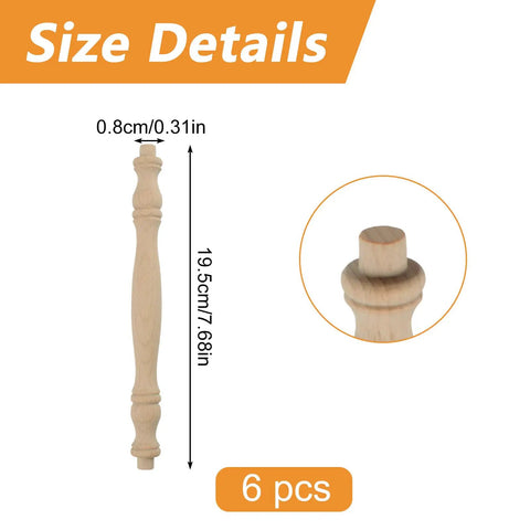 Solid Unpainted Wood Spindles Set Of Six Straight Up Smooth Finish Unfinished Balusters For Dope Diy Crafts Wine Racks Bed Frames And Knockout Model Building Projects Measuring Seven Point Six Eight Inches with size details.