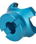 Angled front view of blue aluminum alloy CNC lathe face mill head with four flutes