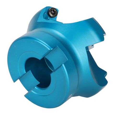 Angled front view of blue aluminum alloy CNC lathe face mill head with four flutes