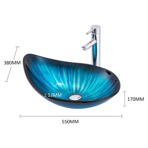 Blue Tempered Glass Vessel Sink With Faucet And Drain Above Counter Bathroom Upgrade Water Drop Style Chrome Finish