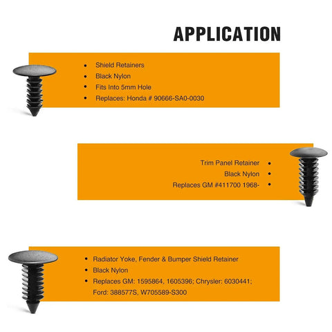 Heavy Duty Nylon Bumper Shield Retainers And Double End Xmas Tree Clips Universal Auto Body Fastener Kit With Bonus Removal Tool details on black nylon clips.
