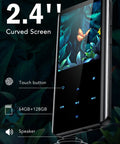 64GB Bluetooth MP3 Player With A19 2.4 Inch Curved Screen showing interface buttons and storage details