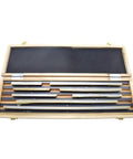 High Performance Metric Gage Blocks Set Crafted From Heavy Duty Stainless Steel Delivering Dead Accurate Calibration For Router Work And Table Saw Setup Features Eight Precision Pieces Spanning 125 MM To 500 MM, arranged in a wooden case.
