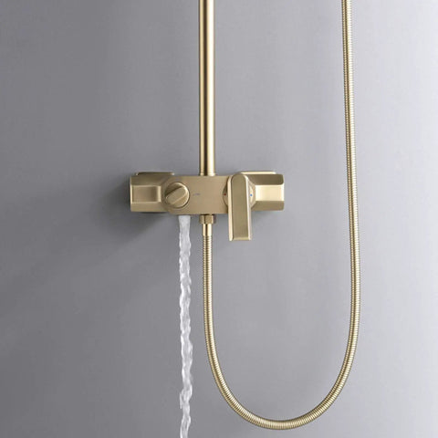UBNMIUBV Rainfall Shower System Gold, Luxury Brass Shower Faucet Set with Hand Sprayer and Tub Spout, Wall Mounted Mixer Tap, water flowing.