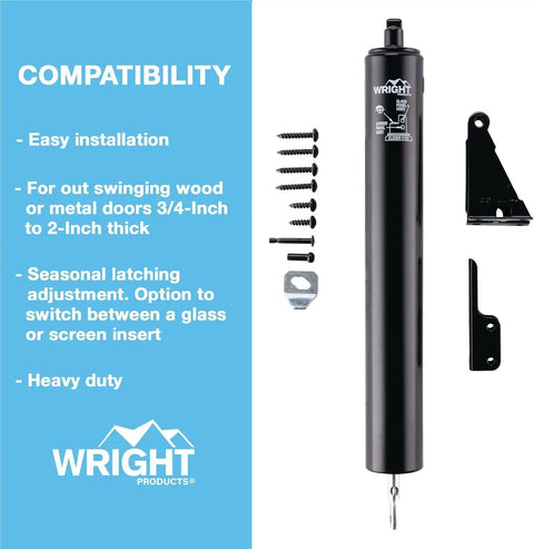 Premium Heavy Duty Pneumatic Storm Door Closer Built Tough As Nails With Smooth Adjustable Quiet Closing and Secure Hold Open Mechanism for Medium To Heavy Outswing Security Doors with installation hardware.