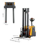 Tory Full Electric Pallet Stackers 1200 Lb Capacity With Tilt Forks showing fork dimensions and lift specs for compact design.