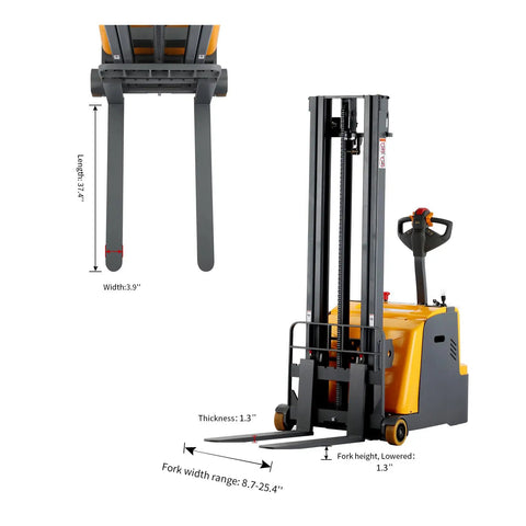 Tory Full Electric Pallet Stackers 1200 Lb Capacity With Tilt Forks showing fork dimensions and lift specs for compact design.