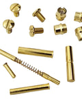 Straight Up Quality Polished Gold Plated 1911 Grip Screws Pins And Bushings Set showing various components including screws, pins, and bushings.