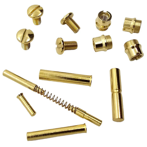 Straight Up Quality Polished Gold Plated 1911 Grip Screws Pins And Bushings Set showing various components including screws, pins, and bushings.