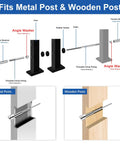 Diagram of 24 Pack Beveled Angle Washers For 33 Degree Stair Cable Railing, showing installation on metal and wooden posts.