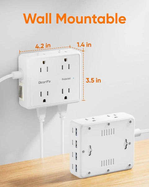 Real Deal Flat Plug Power Strip With 10 Foot Extension Cord Featuring Eight Widely Spaced Outlets And 4 Usb A Plus 4 Usb C Fast Charge Ports Perfect For Your Everyday Desk Setup Home Office Or Dorm Room Essential White, wall mountable design with USB ports.