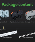 Package content of No Sweat Universal DIN Rail Terminal Blocks Kit with connectors, end blocks, marker strips, screws, connection bars.