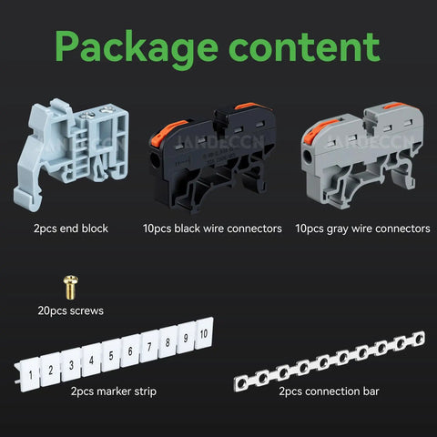 Package content of No Sweat Universal DIN Rail Terminal Blocks Kit with connectors, end blocks, marker strips, screws, connection bars.