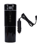 Portable Car Electric Kettle With Smart Temp Control fits standard holders, 500ml capacity, sleek black design, handy for road trips.