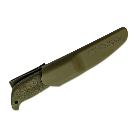 Finn Hawk 4 Inch Fixed Blade Knife in Secure-Ex sheath, textured TPR handle visible, German 4116 steel, for bushcraft and game processing.