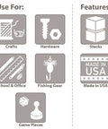 Infographic features and uses for Portable Plastic Parts Storage Case With Hinged Lid And Five Adjustable Dividers