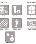 Icons depicting uses for compact plastic portable parts storage case with hinged lid and four adjustable dividers for crafts and hardware.