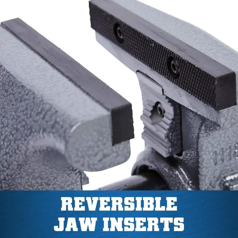 Beefy Pro Grade Bench Vise 4-1/2 Inch Jaw, 3-1/2 Inch Opening, 3-1/4 Inch Throat, 60,000 PSI Ductile Iron Body With Enclosed Lubrication, Heavy-Duty Anvil For Rugged Metalworking And Smooth, Long Lasting Operation. Reversible jaw inserts