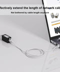 Female to Female RJ45 Ethernet Coupler Extender for Cat7 Cat6 Cat5e Cat5 Cables shown between two network cables connected to a laptop