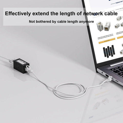 Female to Female RJ45 Ethernet Coupler Extender for Cat7 Cat6 Cat5e Cat5 Cables shown between two network cables connected to a laptop