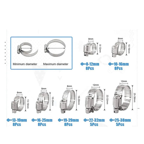 Heavy Duty Worm Gear Hose Clamps Kit Made From 304 Stainless Steel With Adjustable Range From 8 To 38 mm Perfect For Plumbing And Water Pipes Jobs That Need A Rock Solid Grip Every Single Time, size chart