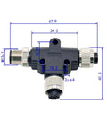 Rugged IP67 M12 5 Pin T Connector A Code Waterproof Field Wiring Adapter with measurements for industrial sensors