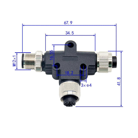Rugged IP67 M12 5 Pin T Connector A Code Waterproof Field Wiring Adapter with measurements for industrial sensors