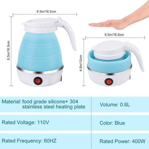 On The Go Portable Electric Kettle 600ml Foldable Tea Coffee Kettle With Collapsible Cup Set Fast 5 Minute Boil BPA Free Food Grade Silicone 110V 400W Ideal For Camping Office Travel shown with dimensions and features