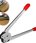 Heavy Duty Manual Pallet Strapping Kit With Poly Strap Sealer And Hand Tensioner Tool for securing loads with red handles and steel grip.