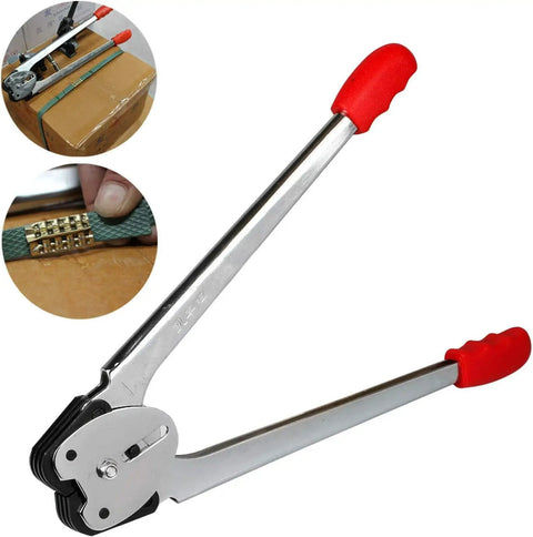 Heavy Duty Manual Pallet Strapping Kit With Poly Strap Sealer And Hand Tensioner Tool for securing loads with red handles and steel grip.