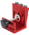 Heavy Duty Slick Aluminum Pocket Hole Jig Kit With Top Shelf 3 Step Drill Bits And Foolproof Adjustable Depth Settings For Woodworking Up To 45Mm Smooth 15 Degree Angle Furniture Assembly, red aluminum jig with adjustable clamp.
